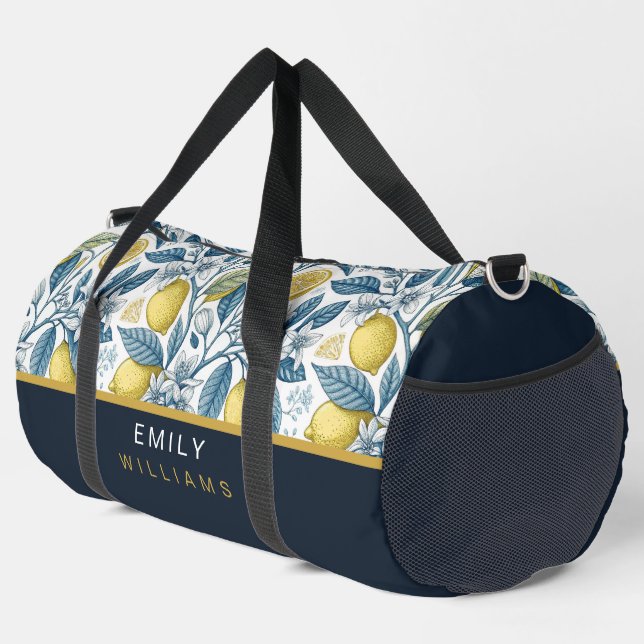 Custom Elegant Mediterranean Lemon Botanical Navy Duffle Bag (Right Corner)