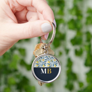 Custom Elegant Mediterranean Lemon Botanical Navy Key Ring