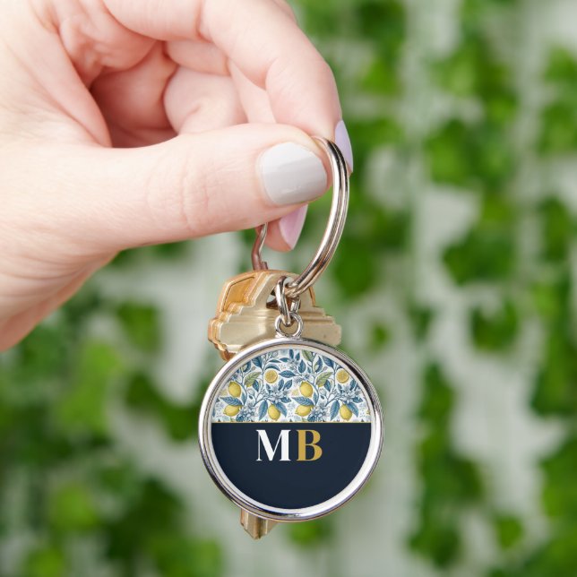 Custom Elegant Mediterranean Lemon Botanical Navy Key Ring (Hand)