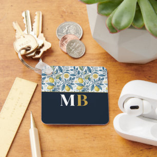 Custom Elegant Mediterranean Lemon Botanical Navy Key Ring