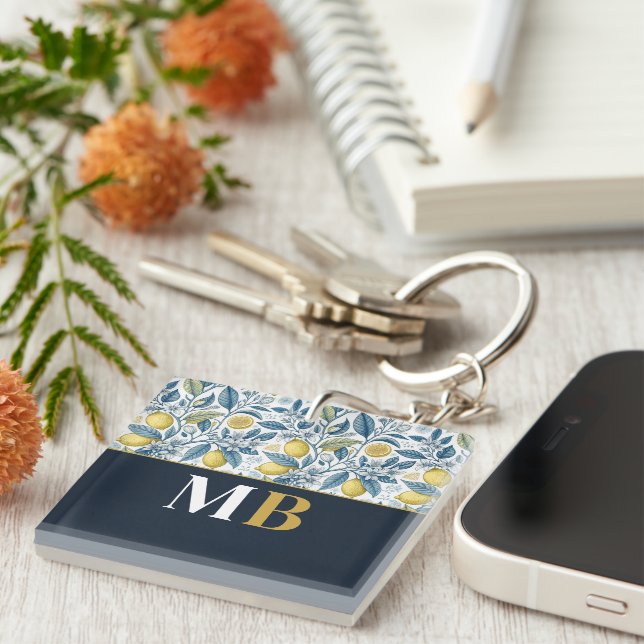 Custom Elegant Mediterranean Lemon Botanical Navy Key Ring (Front Right)