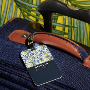 Custom Elegant Mediterranean Lemon Botanical Navy Luggage Tag