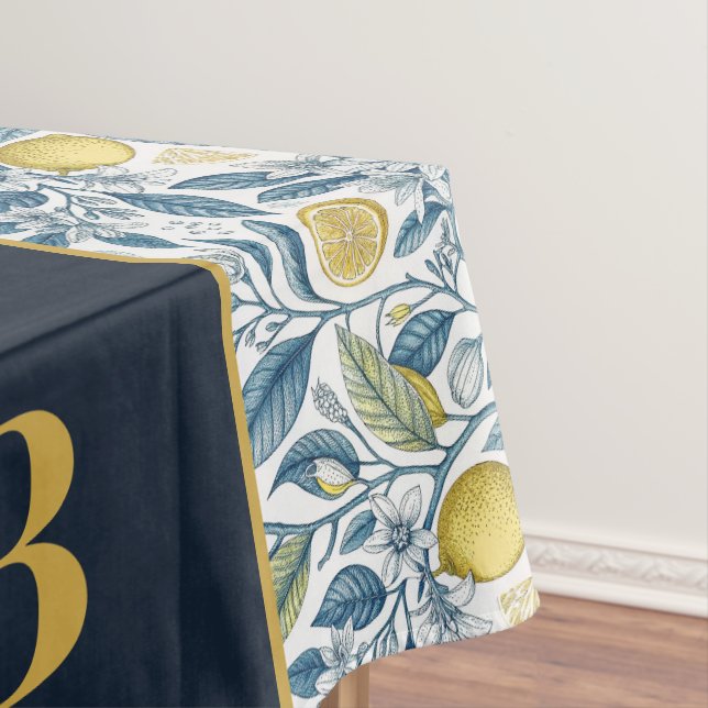 Custom Elegant Mediterranean Lemon Botanical Navy Tablecloth (In Situ)