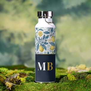 Custom Elegant Mediterranean Lemon Botanical Navy Water Bottle