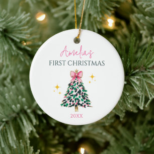 Custom Elegant Minimal Bow Girl 1st Christmas Tree Ceramic Tree Decoration