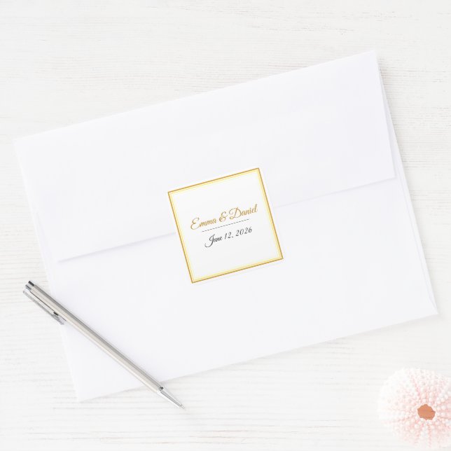 Custom Elegant Minimalist Wedding Names & Date  Square Sticker (Envelope)
