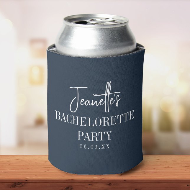 Custom Elegant Modern Bachelorette Party Blue Can Cooler ( silver soda can with a navy can cooler with elegant bachelorette party text sits on a wooden table.)
