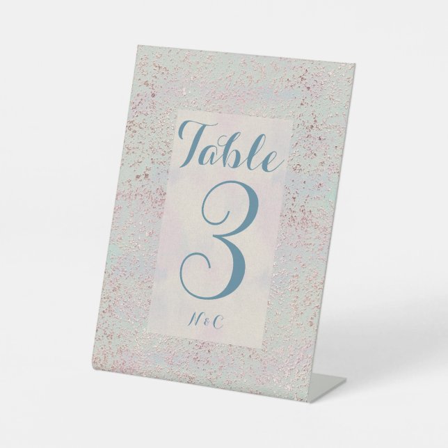 Custom elegant modern blue copper table number pedestal sign (Front)