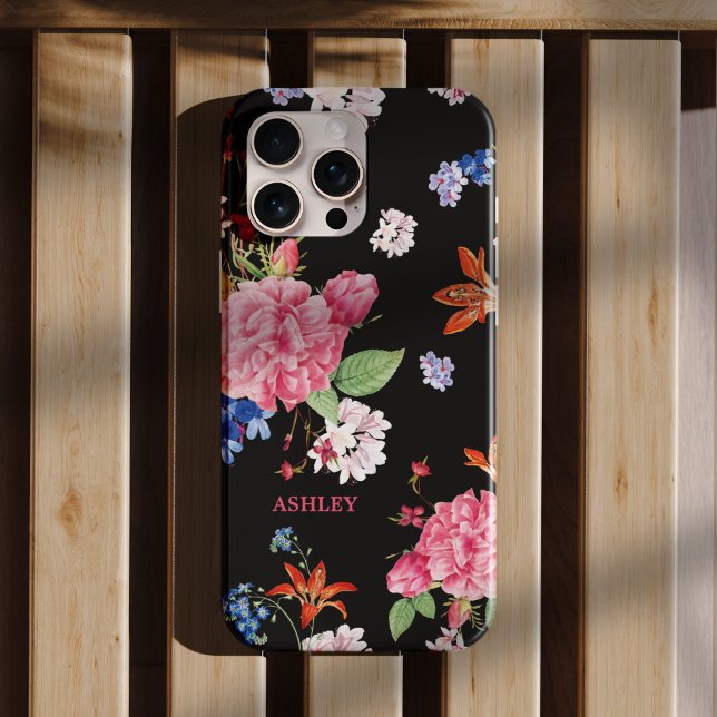Custom Elegant Modern Camellia Floral in Black Case-Mate iPhone Case (The elegant and chic camellia flowers mix with small florals in a black for personalized phone case)