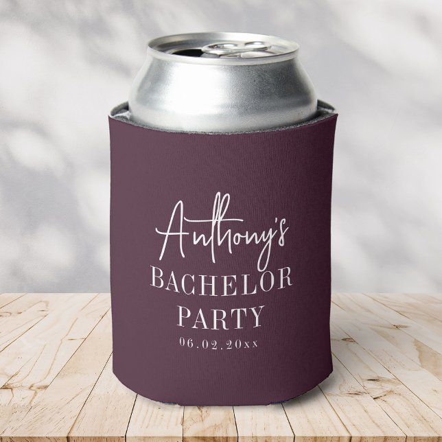 Custom Elegant Modern Cool Bachelor Party Burgundy Can Cooler (can in a maroon can cooler with script saying Anthony's Bachelor Party and date on wooden surface)