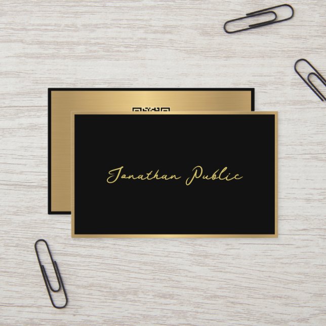 Custom Elegant Modern Script Black Gold Ocean Size Business Card (Front/Back In Situ)