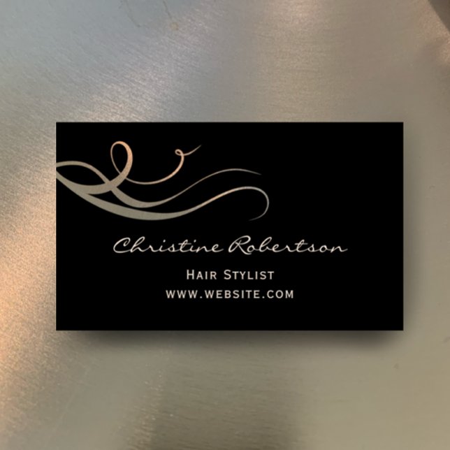 Custom Elegant Modern Unique Metallic Hair Stylist Business Card (Customize this elegant black and metallic wisps template for a stylish unique business card)