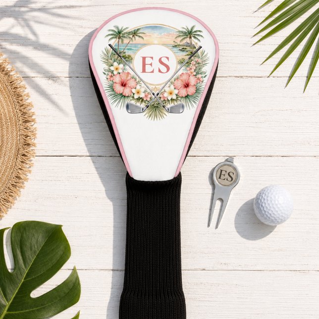 Custom Elegant Monogram Beach Coastal Golf Theme Head Cover (Golf Club Cover - Floral - For Woman - Ladies Leagues - Girls Golf Trip - Monogrammed)