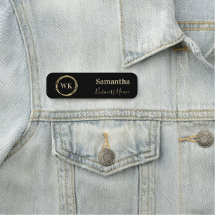 Custom Elegant Monogram Black Gold Employee Name Tag