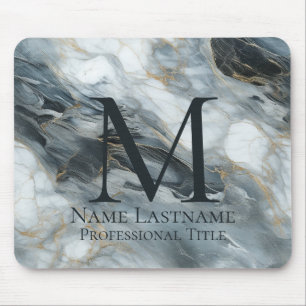 Custom Elegant Monogram Blue Grey Black Marble Mouse Pad