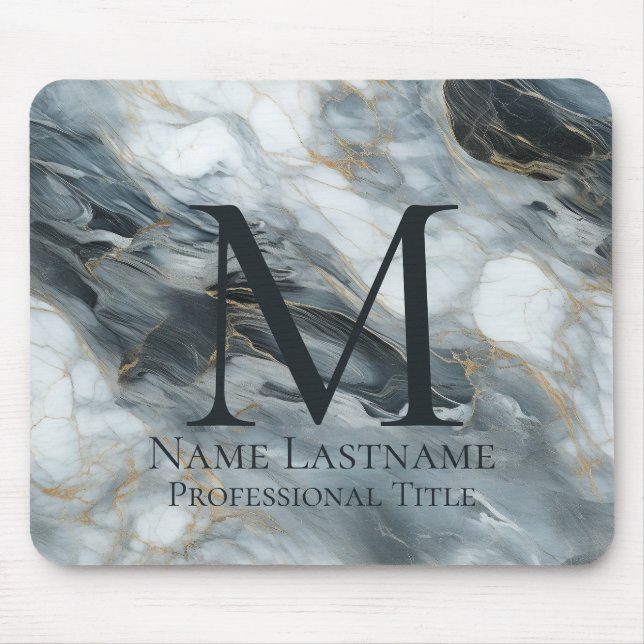 Custom Elegant Monogram Blue Grey Black Marble Mouse Pad (Front)