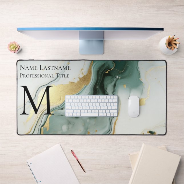 Custom Elegant Monogram Green Gold White Marble Desk Mat (Office 1)
