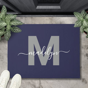 Custom Elegant Navy Blue Monogram Script Name Doormat