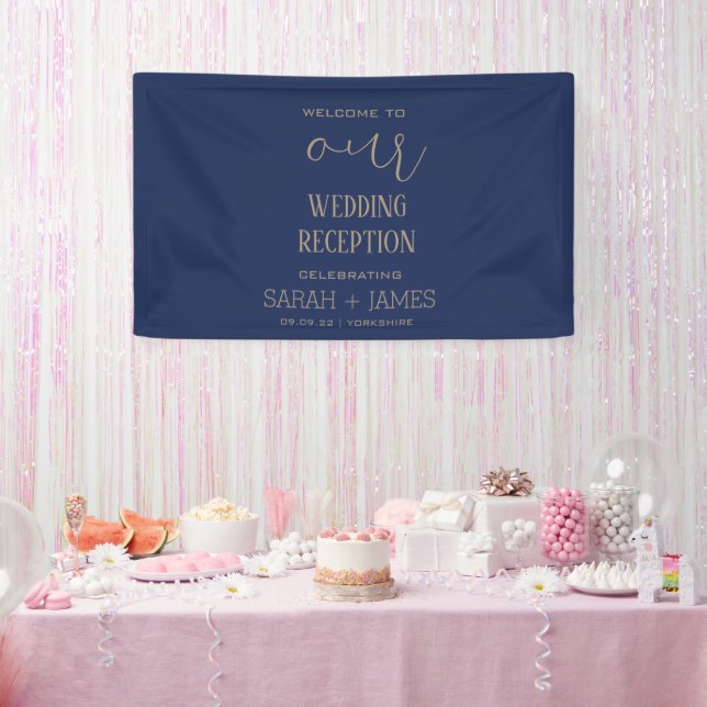 Custom Elegant Navy Wedding Reception Welcome  Banner (Party)