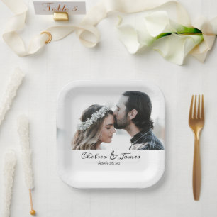 Custom Elegant Photo Calligraphy Wedding Name  Paper Plate