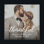 Custom Elegant Photo Thankful Script Wedding Magnet<br><div class="desc">Introducing our Custom Elegant Photo Thankful Script Wedding Magnet, the perfect way to provide your wedding guests with a memorable keepsake. This square magnet allows you to personalise it with your own photo, names, and wedding date, creating a unique and meaningful token of appreciation. By incorporating your photo on the...</div>