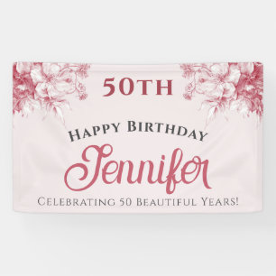Custom Elegant Pink Floral Happy Birthday Banner