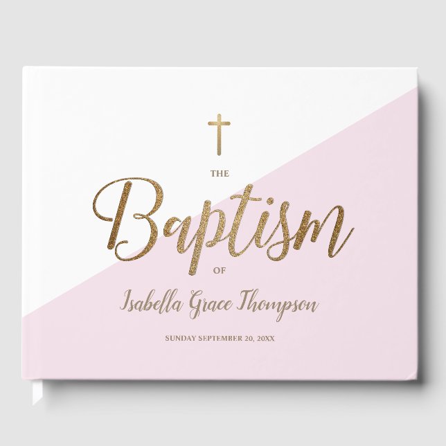 Custom Elegant Pink gold Cross Baby Baptism Guest Book (Front)