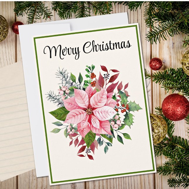 Custom Elegant Pink Poinsettia Flat Christmas Card (Creator Uploaded)