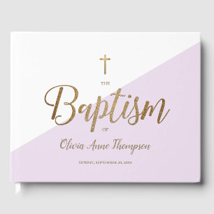 Custom Elegant Purple gold Cross Baby Baptism  Guest Book
