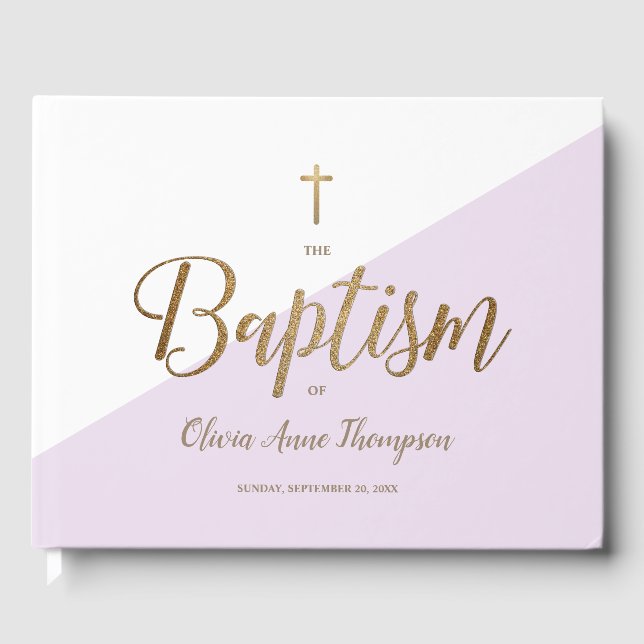 Custom Elegant Purple gold Cross Baby Baptism  Guest Book (Front)