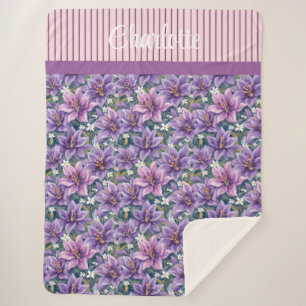 Custom Elegant Purple Lily Floral Oil Painting Sherpa Blanket