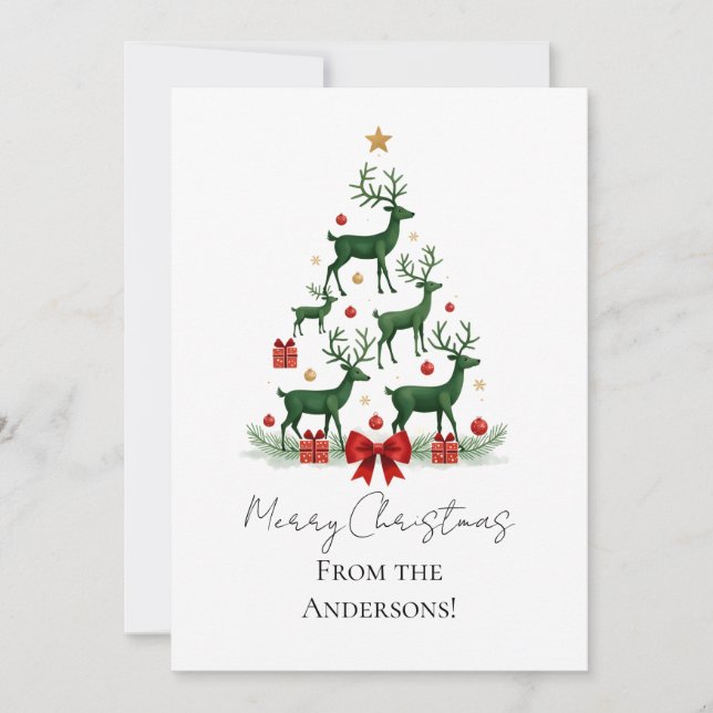 Custom Elegant Reindeer Tree Christmas Card (Front)