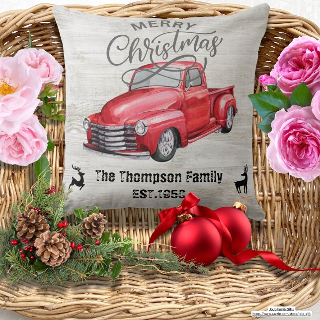 Custom Elegant rustic wood Red truck Family Cushion (Trendy vintage red truck for family. Merry Christmas. Rustic wood background. Elegant Christmas deco)