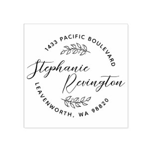 Custom Elegant Script & Cute Leaves Address Rubber Stamp