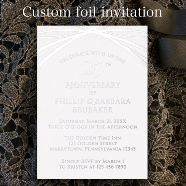 Custom Elegant Silver 25th Wedding Anniversary (Personalize this template for a unique silver foil arch 25th wedding anniversary party invitation.)