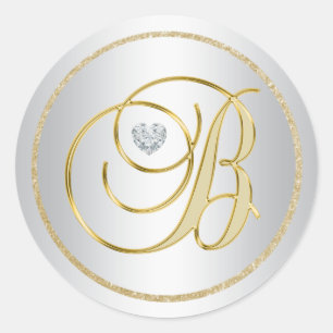 Custom Elegant Silver Gold Monogrammed 'B' Wedding Classic Round Sticker