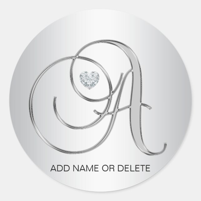 Custom Elegant Silver Monogrammed Initial Letter A Classic Round Sticker (Front)