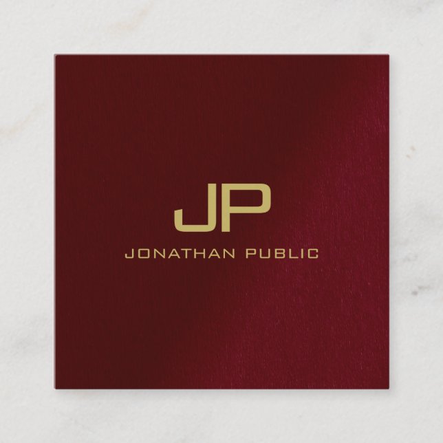 Custom Elegant Template Gold Text Monogram Red Square Business Card (Front)