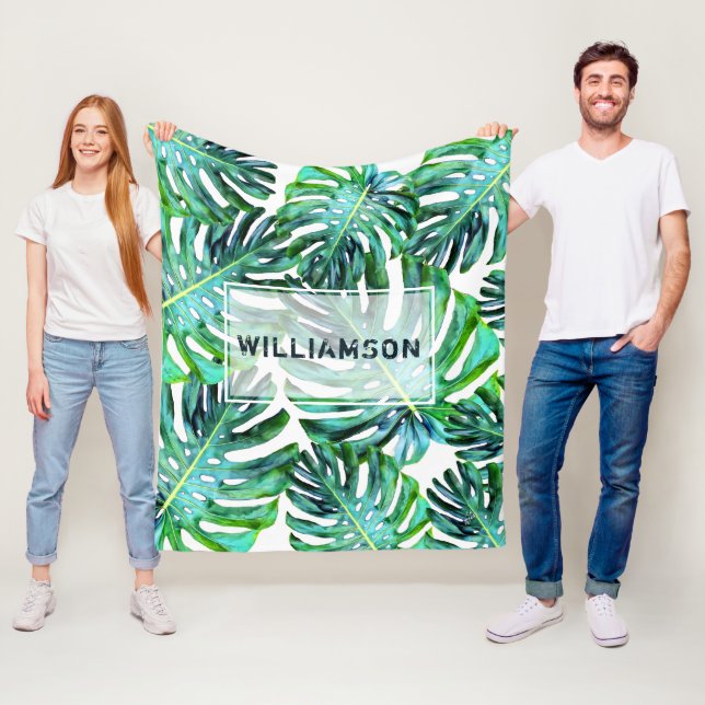 Custom Elegant Tropical Greenery Hawaii Leaf Fleece Blanket (In Situ)