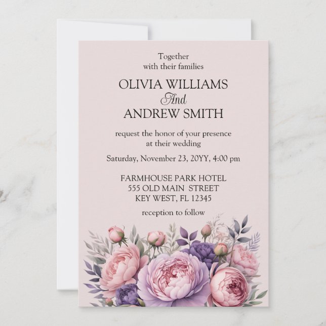 Custom elegant typography against a soft pink invitation (Front)