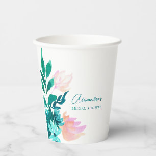 Custom Elegant Watercolor Aqua Blue Floral Bridal Paper Cups