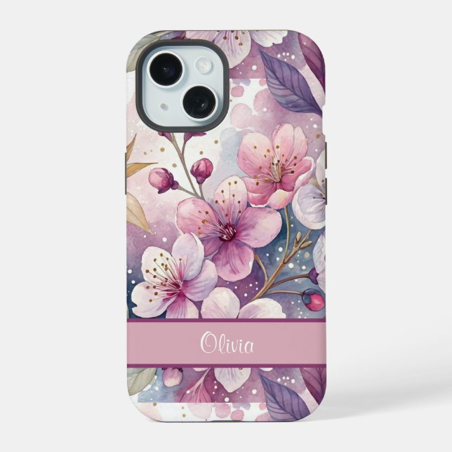 Custom Elegant Watercolor Cherry Blossom Sakura iPhone 15 Case (Back)