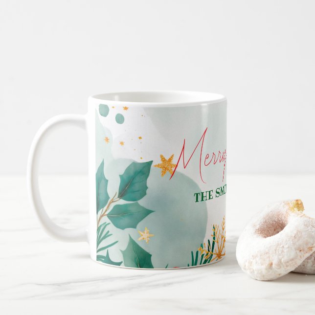 Custom Elegant Watercolor Merry Christmas  Coffee Mug (With Donut)