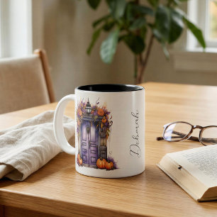 Custom Elegant Watercolor Pumpkin Door Autumn Two-Tone Coffee Mug