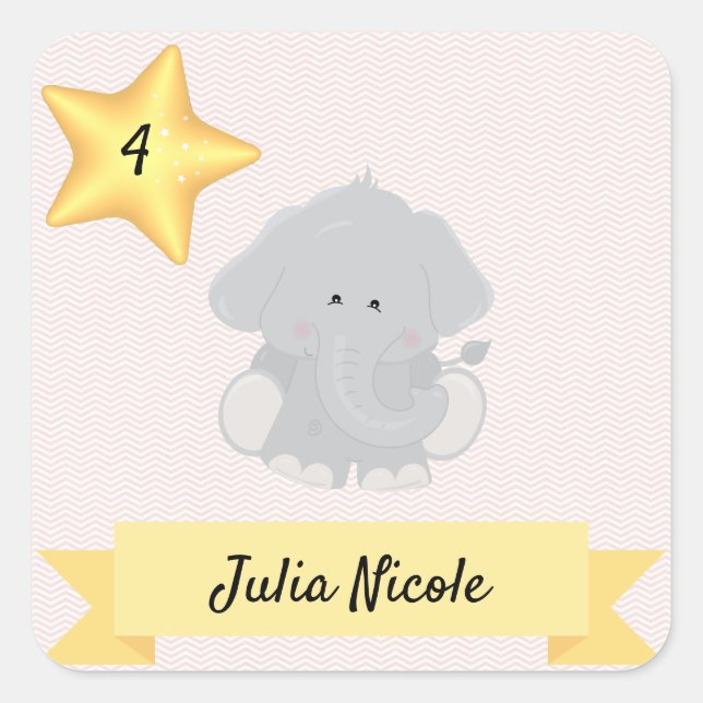 Custom Elephant Chevron Stripes with Name and Age Square Sticker (Front)