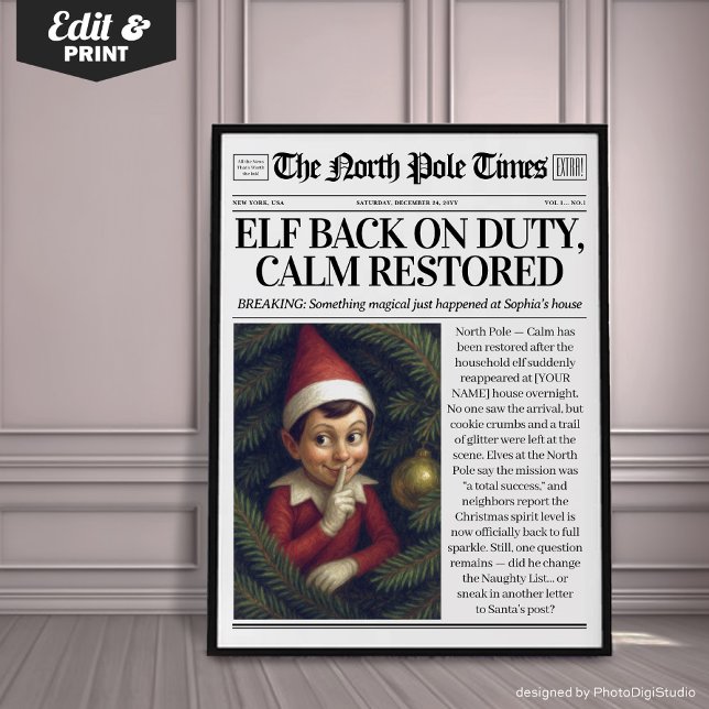 Custom Elf Back on Duty Newspaper Decor, Christmas Poster (Custom Elf Back on Duty Newspaper Decor, Christmas Poster)