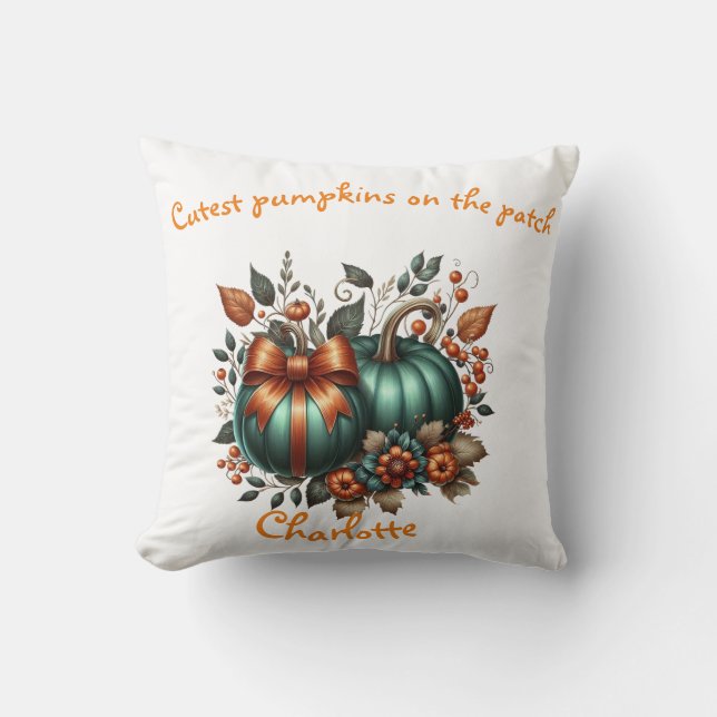 Custom Emerald fall elegant Pumpkins, coquette bow Cushion (Front)
