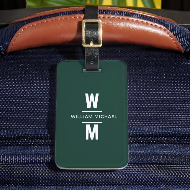 Custom Emerald Simple Modern Minimal Monogram Luggage Tag (Front Insitu 2)