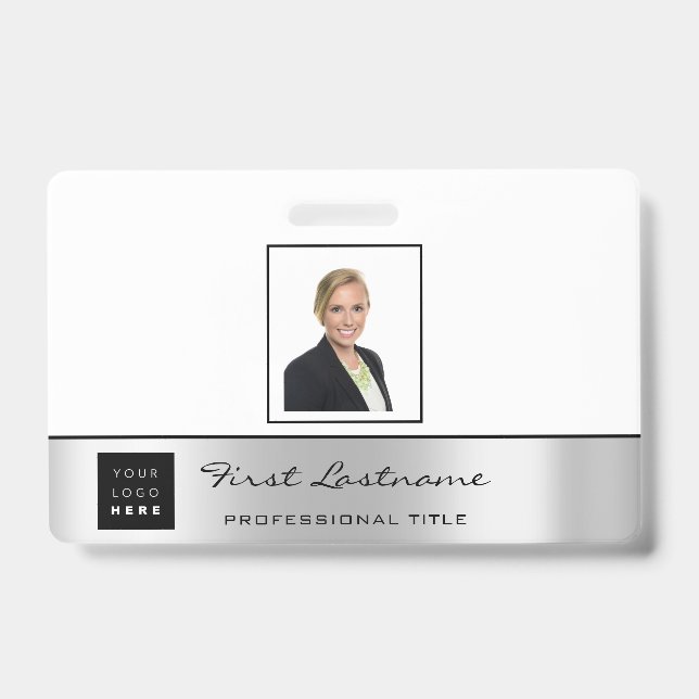 Custom Employee Bar Code Logo Name Grey Silver ID Badge (Front)