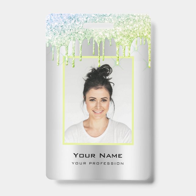 Custom Employee Glitter Drips Green Silver Name ID Badge (Front)